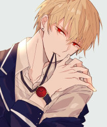 Rule 34 | 1boy, biting, blonde hair, collared shirt, commentary request, earrings, fate/grand order, fate (series), gilgamesh (fate), hand up, highres, jewelry, lapels, long sleeves, looking at viewer, male focus, notched lapels, red eyes, shirt, short hair, shu (oshigoto boshuuchuu), signature, simple background, solo, teeth, upper body, watch, white shirt, wristwatch