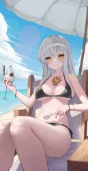 Rule 34 | 1girl, absurdres, bare arms, bare legs, bare shoulders, beach umbrella, bikini, black bikini, breasts, chair, cleavage, closed mouth, commentary request, commission, cup, day, drinking glass, feet out of frame, food, halterneck, highres, holding, holding cup, hwan (verypoor), ice cream, jewelry, korean commentary, large breasts, long hair, looking at viewer, navel, necklace, original, outdoors, second-party source, side-tie bikini bottom, smile, solo, spoon, stomach, strap gap, string bikini, swimsuit, thighs, umbrella, white hair, yellow eyes, yin yang
