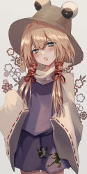 Rule 34 | 1girl, absurdres, animal print, blonde hair, blush, brown hat, commentary, cowboy shot, eyes visible through hair, floral background, frog print, green eyes, grey background, grey eyes, hair ribbon, hands up, hat, head tilt, highres, long hair, long sleeves, looking at viewer, maho moco, moriya suwako, naughty face, open mouth, purple skirt, purple vest, red ribbon, ribbon, ribbon-trimmed sleeves, ribbon trim, scoop neck, shirt, skirt, skirt set, sleeves past fingers, sleeves past wrists, slit pupils, solo, touhou, tress ribbon, turtleneck, vest, white shirt, wide sleeves