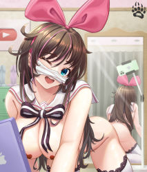 Rule 34 | 1girl, absurdres, all fours, bad id, bad pixiv id, bangom r, black bow, bow, breasts, brown hair, cleavage, commentary request, computer, green eyes, hair bow, hairband, heart pasties, highres, huge filesize, kizuna ai, kizuna ai inc., laptop, large breasts, long hair, looking at viewer, mask, mask lift, mirror, mouth mask, multicolored hair, nude, one eye closed, open mouth, pasties, pink bow, pink hair, reflection, shirt, solo, streaked hair, thighhighs, thighs, tongue, virtual youtuber, white shirt, white thighhighs, youtube logo