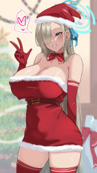 Rule 34 | 1girl, absurdres, asuna (blue archive), asymmetrical bangs, bare shoulders, belt, blue archive, blue eyes, blue ribbon, blush, bow, bowtie, breasts, brown belt, christmas, christmas tree, cleavage, covered erect nipples, cowboy shot, dress, elbow gloves, fur trim, gloves, grin, hair over one eye, hair ribbon, halo, hat, heart, highres, indoors, large breasts, long hair, looking at viewer, mole, mole on breast, nanohana (november.), no bra, platinum blonde hair, red bow, red gloves, ribbon, sack, santa costume, santa hat, skindentation, smile, solo, spoken heart, strapless, strapless dress, taut clothes, taut dress, thighhighs, tube dress, very long hair, w, zettai ryouiki
