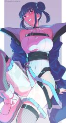 Rule 34 | 1girl, blue hair, breasts, chest belt, covered navel, double bun, duel monster, evil twin lil-la, hair bun, highres, large breasts, lil-la (yu-gi-oh!), looking at viewer, official alternate costume, pinkerton taisa, purple eyes, short hair, smile, thighhighs, twitter username, yu-gi-oh!