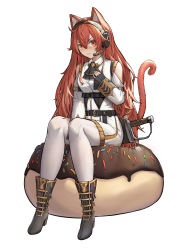 Rule 34 | 1girl, absurdres, animal ears, blush, boots, cat ears, cat girl, cat tail, clothing cutout, darpi, eris greyrat, frown, headset, highres, looking at viewer, mushoku tensei, red eyes, red hair, shoulder cutout, simple background, sitting, solo, tail, thighs, tsundere, uniform, white background