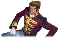 Rule 34 | 1boy, andreas darlton, artist request, ascot, brown hair, code geass, code geass: lost stories, forked eyebrows, game cg, gloves, grey eyes, grin, happy, highres, invisible chair, jacket, long sleeves, looking at viewer, male focus, military uniform, non-web source, official art, pants, red jacket, short hair, simple background, sitting, smile, solo, spiked hair, teeth, thick eyebrows, transparent background, uniform, white ascot, white gloves, white pants