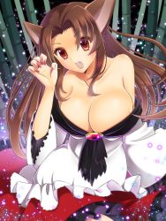 Rule 34 | 1girl, animal ears, bamboo, bamboo forest, bare shoulders, breasts, brooch, brown hair, cleavage, collarbone, dress, fang, female focus, fingernails, forest, hayabusa koi, imaizumi kagerou, jewelry, large breasts, long hair, long sleeves, looking at viewer, nail polish, nature, open mouth, red eyes, smile, solo, touhou, wolf ears