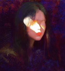 Rule 34 | 1girl, abstract, art study, black hair, closed eyes, closed mouth, commentary, english commentary, facing viewer, faux traditional media, highres, lips, long hair, original, portrait, realistic, red background, red lips, solo, upper body, yuming li
