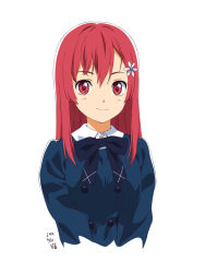 Rule 34 | 1girl, 2019, 22/7, blue bow, blue hair, blue jacket, bow, dated, flower, hair ornament, hairclip, highres, jacket, long hair, looking at viewer, pizza man, red eyes, red hair, sato reika, school uniform, serafuku, simple background, smile, solo, upper body, white background