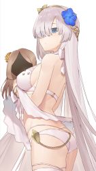 Rule 34 | 1girl, anastasia (fate), ass, bare shoulders, bikini, blue eyes, blue flower, blush, breasts, brown hairband, closed mouth, commentary request, eyes visible through hair, fate/grand order, fate (series), flower, hair flower, hair ornament, hair over one eye, hairband, hayashi kewi, light brown hair, long hair, looking away, looking to the side, medium breasts, orange flower, silver hair, solo, swimsuit, thighhighs, very long hair, white bikini, white thighhighs