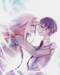 Rule 34 | 10s, 1boy, 1girl, black hair, blazer, blue eyes, breasts, collared shirt, commentary request, couple, crying, crying with eyes open, darling in the franxx, face-to-face, facing another, green eyes, grey blazer, hair ornament, hairband, hand on another&#039;s back, hetero, hiro (darling in the franxx), horns, hug, jacket, long hair, long sleeves, looking at another, medium breasts, oni horns, open clothes, open jacket, pink hair, rainoa, red horns, red scarf, scarf, school uniform, shirt, short hair, striped neckwear, tears, white hairband, white shirt, wing collar, zero two (darling in the franxx)