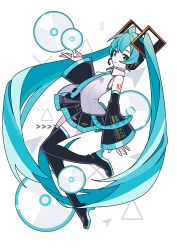 Rule 34 | 1girl, aqua eyes, aqua hair, aqua necktie, arm tattoo, bare shoulders, black footwear, black skirt, black sleeves, boots, breasts, cd, closed mouth, collared shirt, colored shoe soles, commentary, detached sleeves, from side, full body, grey shirt, hair ornament, hand up, hatsune miku, headset, high heels, highres, lanyard, long hair, long sleeves, looking at viewer, machigami yoh, miniskirt, necktie, number tattoo, pleated skirt, shirt, skirt, sleeveless, sleeveless shirt, sleeves past wrists, small breasts, solo, straight hair, symbol-only commentary, tattoo, thigh boots, thighhighs, triangle, twintails, very long hair, vocaloid, white background, wide sleeves, zettai ryouiki
