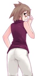 Rule 34 | 1girl, ass, bad id, bad pixiv id, brown eyes, brown hair, cowboy shot, extra, from behind, glasses, halterneck, looking at viewer, looking back, money gesture, pants, pantylines, parted lips, pince-nez, purple shirt, saki (manga), shirt, short hair, simple background, sleeveless, sleeveless shirt, solo, standing, white background, white pants, yoi naosuke