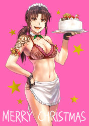 Rule 34 | apron, armband, azasuke, bell, bikini, black lagoon, bow, bra, breasts, brown eyes, brown hair, cake, choker, christmas, commentary request, cowboy shot, fingerless gloves, food, gloves, highres, holding, holding cake, holding food, looking at viewer, maid, maid apron, maid bikini, maid headdress, medium breasts, merry christmas, navel, open mouth, panties, pink background, ponytail, revy (black lagoon), simple background, swimsuit, teeth, tongue, tray, unconventional maid, underwear