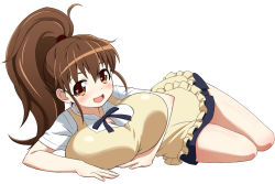 Rule 34 | 1girl, :d, apron, breasts, brown eyes, brown hair, huge breasts, long hair, lying, open mouth, ponytail, smile, solo, taneshima popura, umi no tarako, working!!