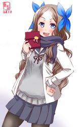 Rule 34 | 1girl, alternate costume, asakaze (kancolle), blue bow, blue eyes, blue ribbon, blue skirt, blush, bow, cardigan, chocolate, commentary request, dated, forehead, gift bag, grey cardigan, hand on own hip, highres, jacket, kanon (kurogane knights), kantai collection, light brown hair, logo, long hair, long sleeves, looking at viewer, neckerchief, open mouth, pantyhose, ribbon, sailor collar, scarf, shirt, skirt, smile, solo, wavy hair, white jacket, white shirt