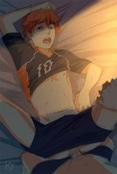 Rule 34 | 2boys, anal, ass, bed, blanket, clothed sex, clothes, cum, cum in ass, haikyuu!!, hinata shouyou, jersey, male focus, male penetrated, multiple boys, open mouth, orange hair, penis, pov, school uniform, sex, sports uniform, yaoi