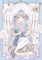 Rule 34 | 1girl, absurdres, aqua hair, birdcage, black footwear, blue eyes, blue ribbon, blue skirt, book, cage, closed mouth, frilled skirt, frills, hatsune miku, highres, holding, holding book, long hair, looking at viewer, marker (medium), paruno, ribbon, shoes, sitting, skirt, smile, socks, solo, thighhighs, traditional media, twintails, vocaloid, white socks