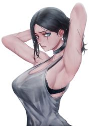 Rule 34 | 1girl, armpits, arms behind back, bare shoulders, black bra, black hair, blue eyes, bluecup, bra, bra visible through clothes, breasts, cleavage, closed mouth, grey choker, grey tank top, highres, large breasts, looking to the side, medium hair, original, parted bangs, scar, scar across eye, scar on face, see-through, solo, tank top, underwear, white background