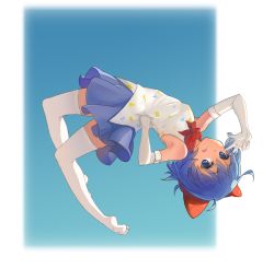Rule 34 | 1girl, absurdres, backflip, blue background, blue eyes, blue hair, blue skirt, bow, cirno, elbow gloves, gloves, hair bow, hand on own hip, highres, kc-flyhigh, matching hair/eyes, no shoes, ribbon, shirt, skirt, sleeveless, sleeveless shirt, solo, thighhighs, tongue, tongue out, touhou, upside-down, v over eye, white gloves, white thighhighs