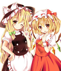 Rule 34 | 2girls, ;), apron, ascot, black dress, blonde hair, bow, brown eyes, dress, fingernails, flandre scarlet, hair bow, hat, highres, kirisame marisa, long hair, looking at viewer, mob cap, multiple girls, nail polish, one eye closed, open mouth, puffy sleeves, purple nails, ramudia (lamyun), red dress, red eyes, red nails, shirt, short sleeves, side ponytail, simple background, smile, touhou, v, very long hair, waist apron, white background, wings, wink, witch hat, wrist cuffs
