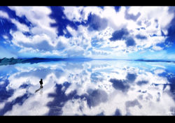 Rule 34 | 1girl, amatsuki rei, blue sky, blue theme, cloud, cloudy sky, day, highres, lake, letterboxed, ocean, original, outdoors, reflection, scenery, signature, silhouette, sky, solo, standing, walking, walking on liquid, water, water surface, water world