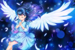 Rule 34 | 1girl, angel wings, blue dress, blue hair, closed eyes, crazypen, dress, feathered wings, feathers, floating hair, hair bun, hair ornament, hugtto! precure, lens flare, long hair, long sleeves, own hands clasped, own hands together, pinafore dress, precure, purple ribbon, ribbon, shirt, short dress, single hair bun, sleeveless, sleeveless dress, solo, white feathers, white shirt, white wings, wings, yakushiji saaya