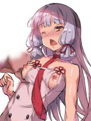 Rule 34 | 10s, 1girl, bare arms, bare shoulders, blush, breast sucking, breasts, brown eyes, collarbone, dress, hair ribbon, kantai collection, long hair, murakumo (kancolle), necktie, nipple cutout, nipples, one eye closed, open mouth, redcomet, remodel (kantai collection), ribbon, silver hair, small breasts, solo focus, very long hair, white dress