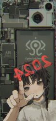 Rule 34 | 1girl, 2024, absurdres, black hair, cellphone, commentary, english commentary, hair ornament, hairclip, highres, hyavoc, index finger raised, iwakura lain, looking at viewer, mirrored text, parted lips, phone, pointing, pointing at viewer, serial experiments lain, shirt, short hair, single sidelock, smartphone, solo, upper body, white shirt, x hair ornament