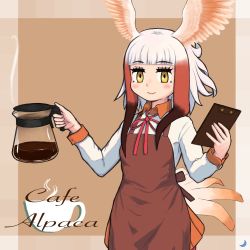 Rule 34 | 1girl, adapted costume, apron, bird girl, bird tail, bird wings, black hair, blush, coffee, coffee pot, collar, collared shirt, commentary request, cowboy shot, head wings, japanese crested ibis (kemono friends), kemono friends, long sleeves, neck ribbon, obsession36, pleated skirt, red apron, red collar, red ribbon, red shirt, red skirt, ribbon, shirt, short hair, sidelocks, skirt, solo, tail, two-tone shirt, white hair, white shirt, wings, yellow eyes