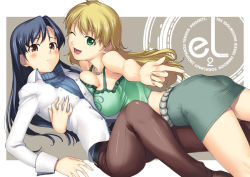 Rule 34 | 00s, 2girls, ;d, ahoge, black legwear, blonde hair, blue hair, blush, border, breast press, breasts, frown, girl on top, grabbing, grabbing another&#039;s breast, green eyes, green shirt, grey background, hoshii miki, idolmaster, idolmaster (classic), idolmaster 1, kisaragi chihaya, long sleeves, looking at viewer, multiple girls, one eye closed, open mouth, pantyhose, purple eyes, shirt, simple background, smile, tanaka shoutarou