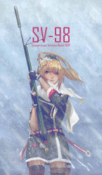 Rule 34 | 1girl, badge, blonde hair, bolt action, fingerless gloves, girls&#039; frontline, gloves, gun, hair ornament, highres, holding, long hair, long sleeves, ponytail, red eyes, ronnie choy, scarf, sleeves rolled up, sniper rifle, snow, solo, standing, sv-98, sv-98 (girls&#039; frontline), thighhighs, upper body, weapon