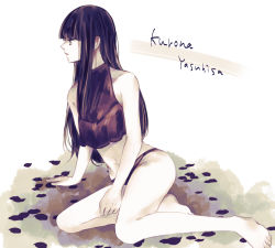Rule 34 | 1girl, bad id, bad pixiv id, bare arms, bare legs, bare shoulders, barefoot, black eyes, black hair, black panties, commentary request, from side, highres, leaf, long hair, on ground, panties, sitting, solo, tokyo ghoul, toukaairab, underwear, yasuhisa kurona