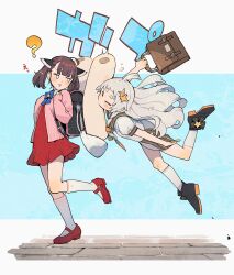 Rule 34 | 2girls, ?, a.i. voice, ahoge, backpack, bag, black footwear, blue bow, blue bowtie, blush, bow, bowtie, brown hair, brown sailor collar, camisole, camisole over clothes, commentary request, dress, falling, footwear bow, full body, grey hair, handbag, headgear, highres, holding, holding bag, jitome, kiritanpo (food), kizuna akari, kizuna akari (tsubomi), kneehighs, looking at another, looking back, mary janes, multiple girls, pink camisole, puffy short sleeves, puffy sleeves, red dress, red footwear, sailor collar, sailor shirt, school bag, shirinda fureiru, shirt, shoes, short sleeves, slipping, socks, sparkle hair ornament, thick eyebrows, touhoku kiritan, triangle mouth, voiceroid, white shirt, white socks