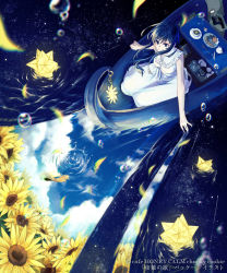 Rule 34 | 1girl, baracan, boat, bubble, cup, dress, flower, highres, night, night sky, sitting, sky, solo, sunflower, teacup, water, watercraft, white dress