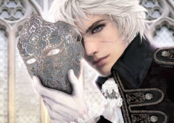 Rule 34 | 1boy, blue eyes, blurry, depth of field, face, gloves, grey theme, light smile, lips, looking at viewer, male focus, mask, negshin, original, photorealistic, realistic, scar, silver hair, solo, white theme, window