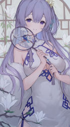 Rule 34 | 1girl, absurdres, azur lane, breasts, china dress, chinese clothes, clothing cutout, cutout above navel, daichengqi, dress, feather boa, flower, hand fan, highres, holding, holding fan, large breasts, light purple hair, long hair, looking at viewer, official alternate costume, purple eyes, rodney (azur lane), rodney (immaculate beauty) (azur lane), sleeveless, sleeveless dress, smile, solo, underboob, underboob cutout, white dress, white flower