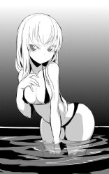 Rule 34 | 1girl, bikini, breasts, greyscale, hand on own chest, ken (koala), long hair, looking at viewer, medium breasts, monochrome, original, short hair, simple background, solo, swimsuit, water, white background