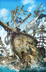 Rule 34 | 1girl, arrow (projectile), artist name, barrel, bird, book, bow (weapon), bread, cannon, crow, demizu posuka, fishing line, fishing rod, food, highres, loaf of bread, mast, muted color, net, original, paper, sails, ship, skull, splashing, water, watercraft, weapon