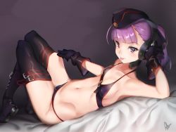 Rule 34 | 1girl, :p, ahoge, albreo, bikini, black background, black bikini, black footwear, black gloves, black hat, black thighhighs, boots, breasts, collarbone, covered erect nipples, fate/grand order, fate (series), garrison cap, gloves, hat, headphones, helena blavatsky (fate), helena blavatsky (swimsuit archer) (fate), helena blavatsky (swimsuit archer) (third ascension) (fate), highres, looking at viewer, lying, on back, ponytail, purple eyes, purple hair, short hair, small breasts, solo, swimsuit, thigh boots, thighhighs, tongue, tongue out