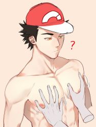Rule 34 | 1boy, ?, baseball cap, brown eyes, brown hair, creatures (company), eyebrows, game freak, grabbing, groping, hat, looking down, male focus, nintendo, nipples, pectoral grab, pectorals, pokemon, pokemon sm, red (pokemon), red (pokemon sm), simple background, solo focus, thick eyebrows, topless male, upper body, zhineart