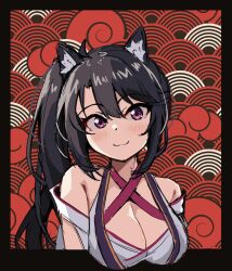 Rule 34 | 1girl, :3, animal ear fluff, animal ears, bare shoulders, black hair, blush, breasts, cleavage, closed mouth, commentary, criss-cross halter, double-parted bangs, eyelashes, hair between eyes, halterneck, highres, hoshikawa kaguya, japanese clothes, kimono, large breasts, long hair, looking at viewer, purple eyes, ray (rays 26), red background, side ponytail, sidelighting, simple background, sketch, smile, solo, straight-on, tenshi souzou re-boot!, upper body, very long hair, white kimono