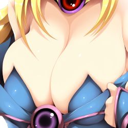 Rule 34 | 1girl, bare shoulders, blonde hair, breast focus, breasts, brooch, cleavage, close-up, dark magician girl, duel monster, hand under clothes, head out of frame, highres, huge breasts, jewelry, large breasts, shiny clothes, shiny skin, solo, strapless, tsukasawa takamatsu, upper body, yu-gi-oh!, yu-gi-oh! duel monsters
