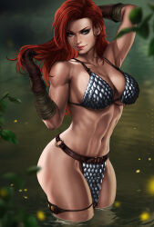 Rule 34 | arm behind head, armor, ass, bathing, belt, bikini armor, breasts, brushing hair, chainmail, conan the barbarian, curvy, dandon fuga, frekles, gloves, green eyes, highres, huge ass, lake, large breasts, leather, leather gloves, long hair, mole, muscular, muscular female, navel, red hair, red lips, red sonja, standing, thick thighs, thighs, water, wet, wide hips