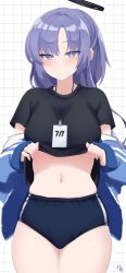 Rule 34 | absurdres, alternate costume, alternate hairstyle, blue archive, blush, buruma, clothes lift, commentary, halo, highres, id card, jacket, looking at viewer, purple eyes, purple hair, shirt lift, signature, simple background, sironekomia1, stomach, track jacket, white background, yuuka (blue archive), yuuka (track) (blue archive)