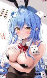 Rule 34 | 1girl, absurdres, ahoge, animal ears, arm under breasts, black leotard, blue hair, blush, bow, bowtie, breasts, card, checkered floor, detached collar, floating card, gloves, half updo, heart, heart ahoge, highres, hololive, large breasts, leotard, long hair, pantyhose, parted lips, playboy bunny, playing card, pointy ears, rabbit ears, raised eyebrows, red bow, red bowtie, sitting, solo, utekiro, very long hair, virtual youtuber, white gloves, yellow eyes, yukihana lamy