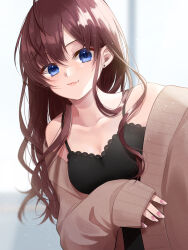 Rule 34 | 1girl, ahoge, bare shoulders, black camisole, blue eyes, blush, breasts, brown cardigan, brown hair, camisole, cardigan, collarbone, earrings, fingernails, highres, ichinose shiki, idolmaster, idolmaster cinderella girls, jewelry, ko hisa, lace-trimmed camisole, lace trim, light smile, long hair, looking at viewer, nail polish, parted lips, small breasts, solo, stud earrings, upper body, very long hair