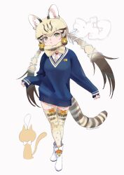 Rule 34 | 1girl, absurdres, animal, animal ears, beleven, boots, bow, bowtie, cardigan, cat, cat ears, cat girl, cat tail, extra ears, full body, geoffroy&#039;s cat (kemono friends), green eyes, grey background, highres, kemono friends, kemono friends v project, kneehighs, long hair, looking at viewer, microphone, ribbon, shirt, simple background, socks, solo, tail, twintails, virtual youtuber