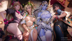 Rule 34 | 3d, 4girls, absurdres, animal ears, artist name, ass, bed, black cat d.va, black gloves, blender (medium), blonde hair, blue eyes, blue eyeshadow, blue sky, bow, bowtie, breasts, bride, brown eyes, brown hair, cat ears, clothes lift, commentary, corset, d.va (overwatch), detached collar, dress, dress lift, earrings, english commentary, eyeshadow, facial mark, fake animal ears, garter straps, ghost bride widowmaker, gloves, gold trim, grabbing own breast, grey eyes, gun, hand on own ass, handgun, hat, head wreath, high heels, high ponytail, highleg, highleg panties, highres, jewelry, kiriko (overwatch), lace, lace gloves, lace thighhighs, large breasts, laurel crown, looking at viewer, lying, makeup, mascara, mercy (overwatch), multiple girls, nianbingzi, nipples, official alternate costume, on back, on bed, on side, one eye closed, overwatch, overwatch 2, panties, parted lips, pearl earrings, petals, photoshop (medium), pillow, pink bow, pink bowtie, puffy short sleeves, puffy sleeves, shiny skin, short sleeves, skin tight, sky, small breasts, thighhighs, thighs, twintails, twitter username, underwear, vial, weapon, whisker markings, white corset, white hair, white panties, white thighhighs, widowmaker (overwatch), winged victory mercy, witch hat, witch kiriko