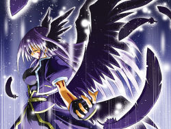 Rule 34 | breasts, closed eyes, facial mark, feathers, fingerless gloves, gloves, head wings, large breasts, long hair, lyrical nanoha, mahou shoujo lyrical nanoha, mahou shoujo lyrical nanoha a&#039;s, multiple wings, purple hair, red eyes, reinforce, solo, wings