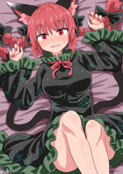 Rule 34 | 1girl, animal ears, black bow, black dress, blush, bow, braid, breasts, cat ears, cat tail, chups, dress, extra ears, fang, feet out of frame, hair bow, highres, kaenbyou rin, long sleeves, looking at viewer, lying, medium hair, multiple tails, nail polish, nekomata, on back, on bed, open mouth, red eyes, red hair, red nails, side braids, smile, solo, sweatdrop, tail, touhou, twin braids, two tails, wide sleeves