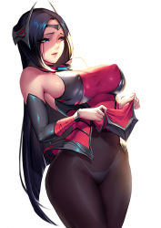 Rule 34 | 1girl, armor, bare shoulders, black pantyhose, blue eyes, blue hair, breasts, cian yo, circlet, covered erect nipples, covered navel, cowboy shot, groin, hair ornament, irelia, large breasts, league of legends, lifting own clothes, long hair, pantyhose, parted bangs, parted lips, see-through, simple background, sleeveless, solo, thong, vambraces, white background